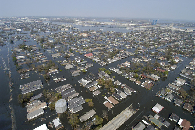 Image shows an aerial view of the flooding in New Orleans, Louisiana after Hurricane Katrina