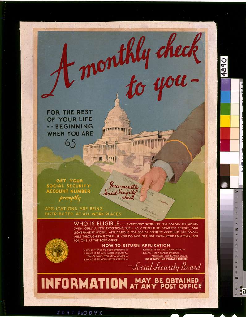 Image shows a poster of an arm holding a social security check with the U.S. Capitol in the background 