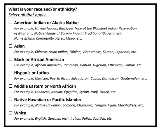 Representation of a questionnaire with prompt "What is your race and/or ethnicity? Select all that apply." The options are American Indian or Alaska Native, Asian, Black or African American, Hispanic or Latino, Middle Eastern or North African, Native Hawaiian or Pacific Islander, and White. 