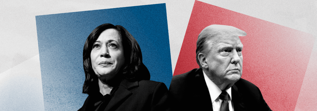 A photo illustration with Kamala Harris on a blue background and Donald Trump on a red backgrond